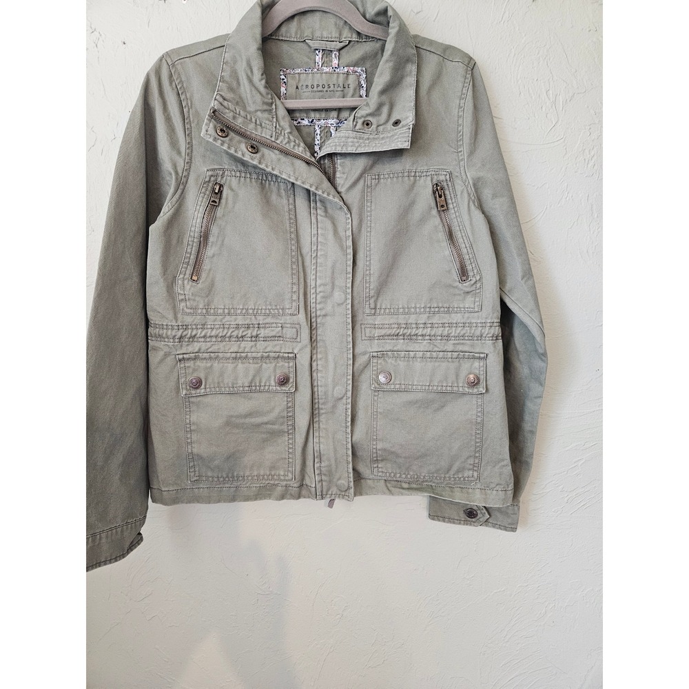 Aeropostale Olive Green‎ Utility Jacket Military Style Pockets Zippers Size L
